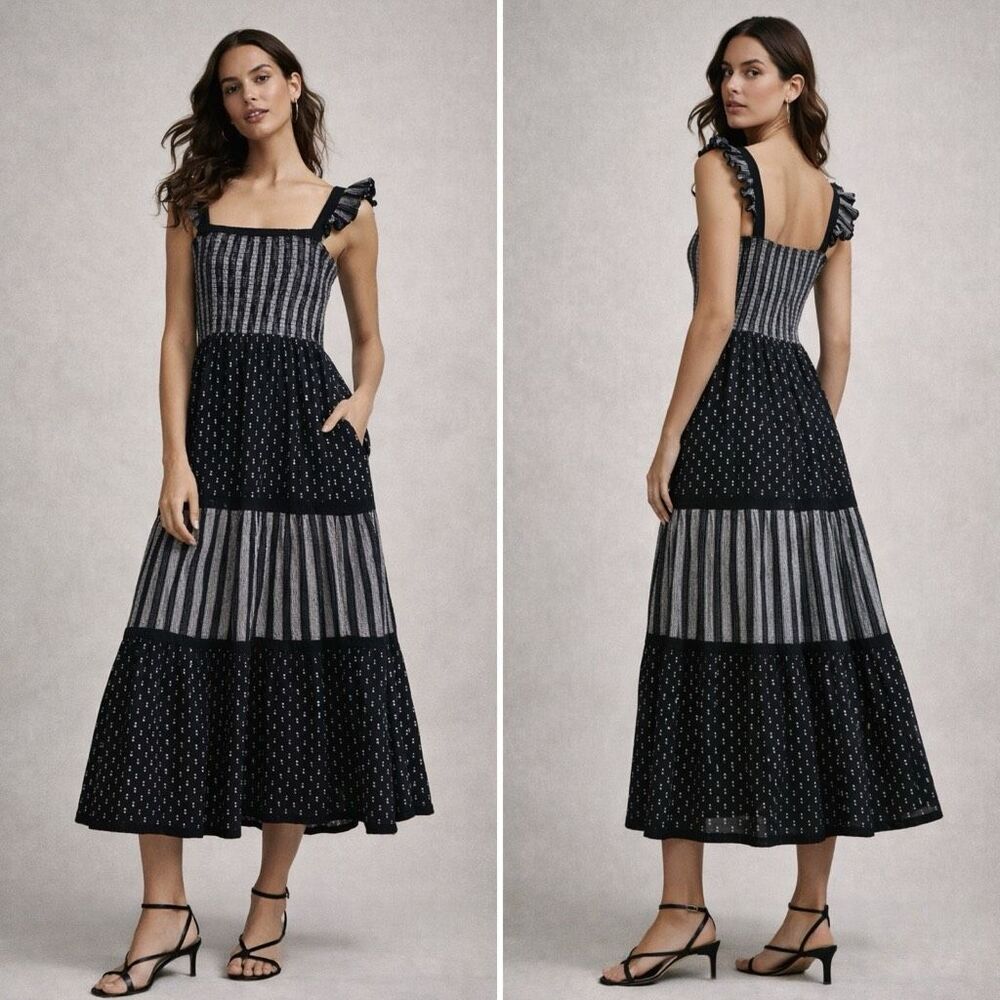 Vineyard Vines Smocked Tiered Midi Dress Sz L Black White Ruffle Strap Cottage